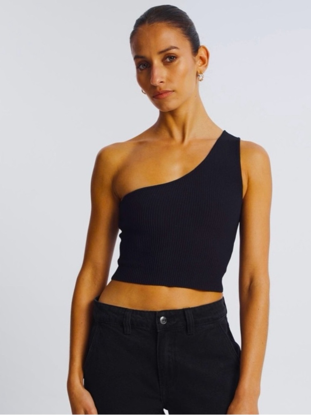 House of Harlow 1960 Black One-Shoulder Ribbed Crop Top, Small